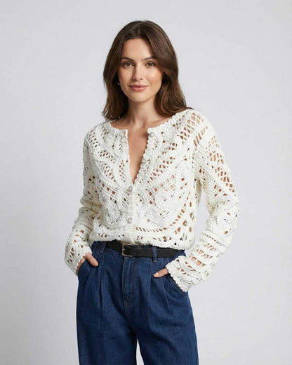 Valencia Cardigan by Lauven – Elegant women's white cardigan in crochet knit style.