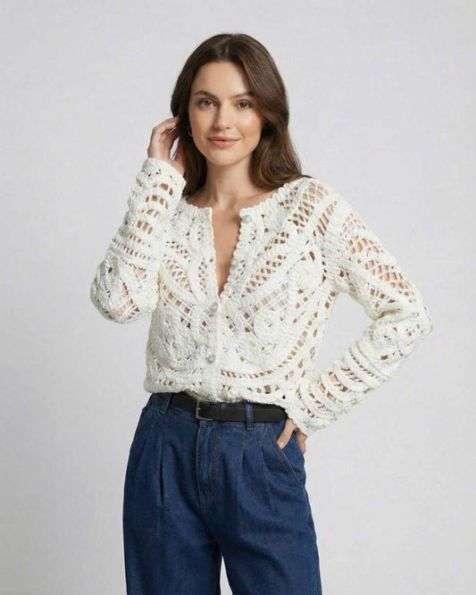 Valencia Cardigan by Lauven – Women’s elegant crochet knit white cardigan sweater for versatile styling.