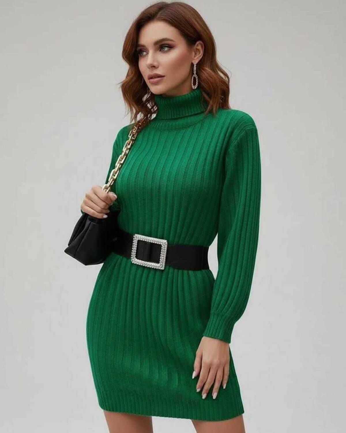 Verona Mini Dress by Lauven featuring a green ribbed long sleeve turtleneck design with a belt.