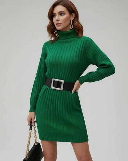 Verona Mini Dress by Lauven, green ribbed long sleeve turtleneck mini dress with a belted waist.