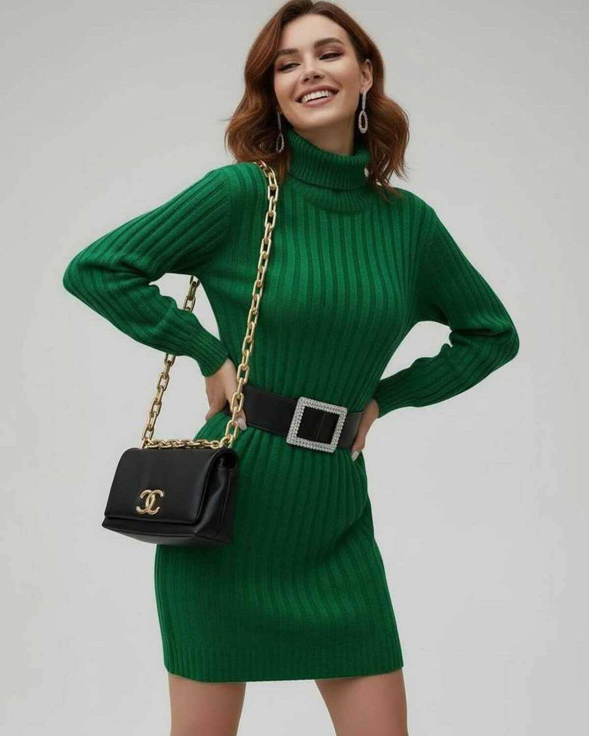 Verona Mini Dress by Lauven featuring a green ribbed knit, long sleeves, and turtleneck style.