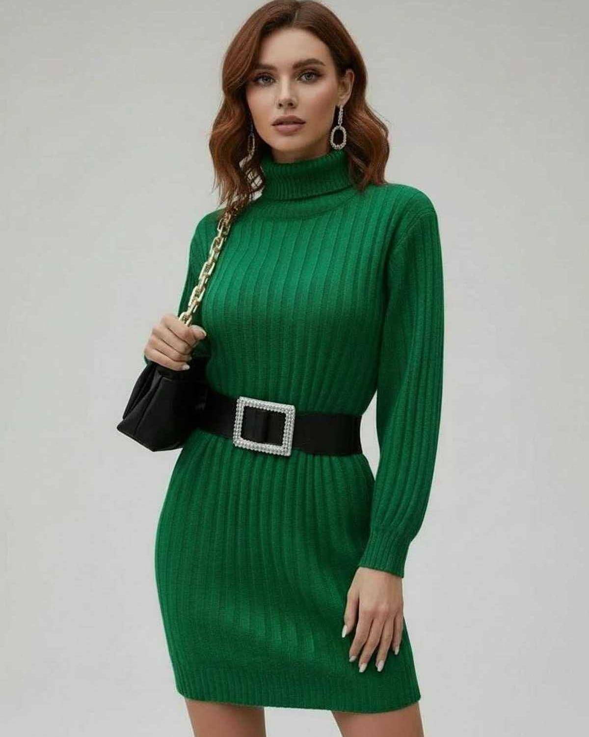 Verona Mini Dress by Lauven, green ribbed long sleeve turtleneck mini dress with a fitted silhouette.