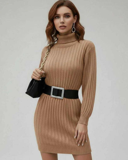 Sahara Mini Dress by Lauven featuring a beige ribbed knit long sleeve turtleneck design.