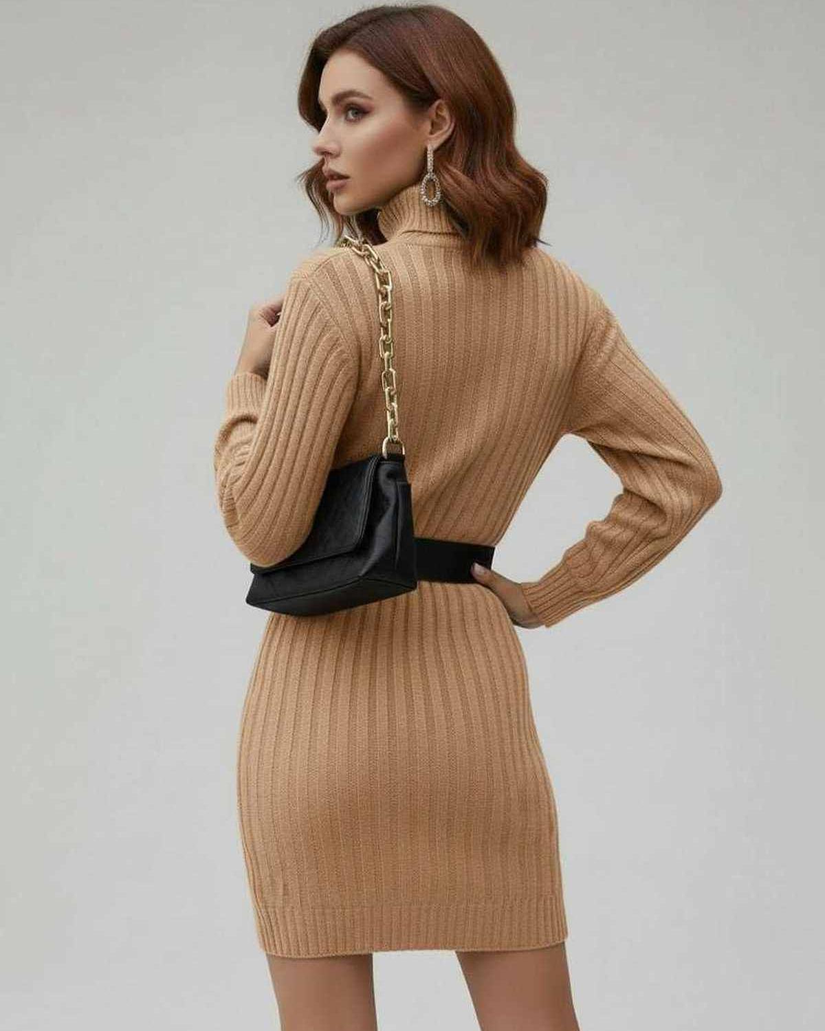 Sahara Mini Dress by Lauven, beige ribbed long sleeve turtleneck mini dress showcasing a sleek silhouette.