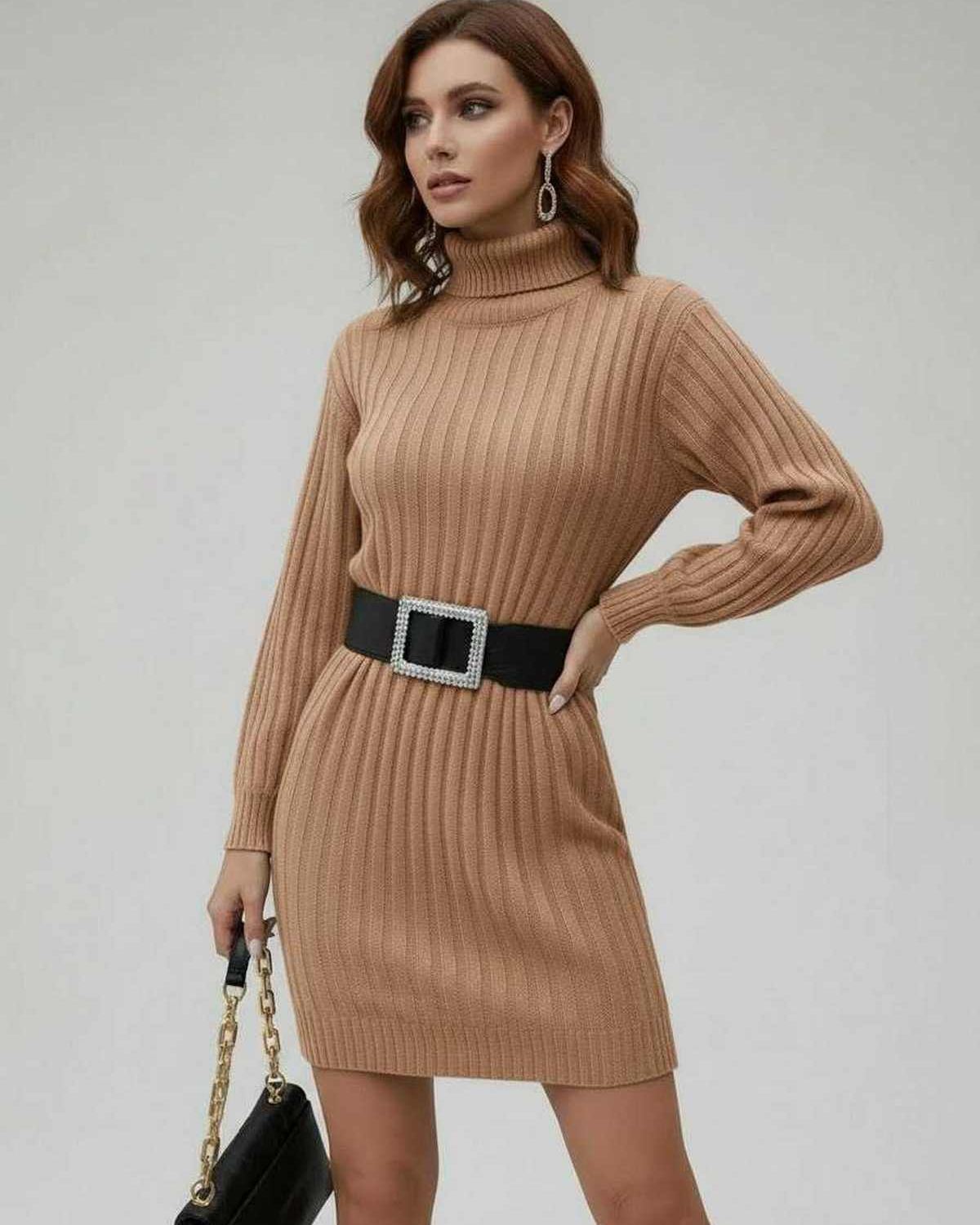 Sahara Mini Dress by Lauven - Beige ribbed long sleeve turtleneck mini dress with a fitted silhouette.