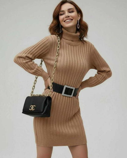 Sahara Mini Dress by Lauven, beige ribbed long sleeve turtleneck mini dress with chic accessories.
