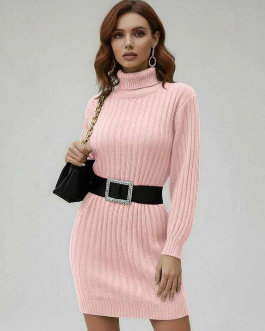 Blush Mini Dress by Lauven featuring a pink ribbed long sleeve turtleneck design with a stylish belt.
