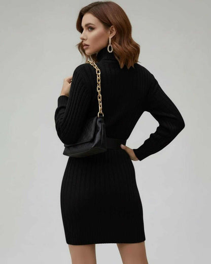 Model wearing the Lauven Monaco Mini Dress, a black ribbed long sleeve turtleneck mini dress, showcasing a sleek back view.
