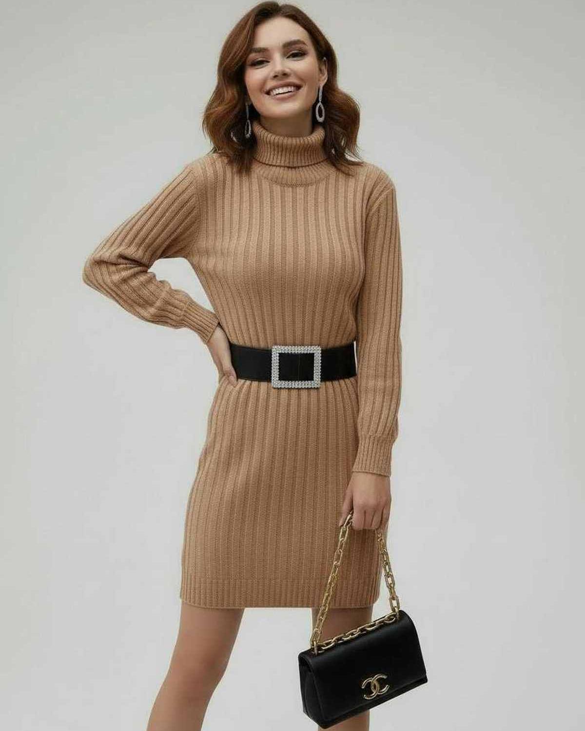 Sahara Mini Dress by Lauven, a beige ribbed long sleeve turtleneck mini dress styled with a belt and handbag.