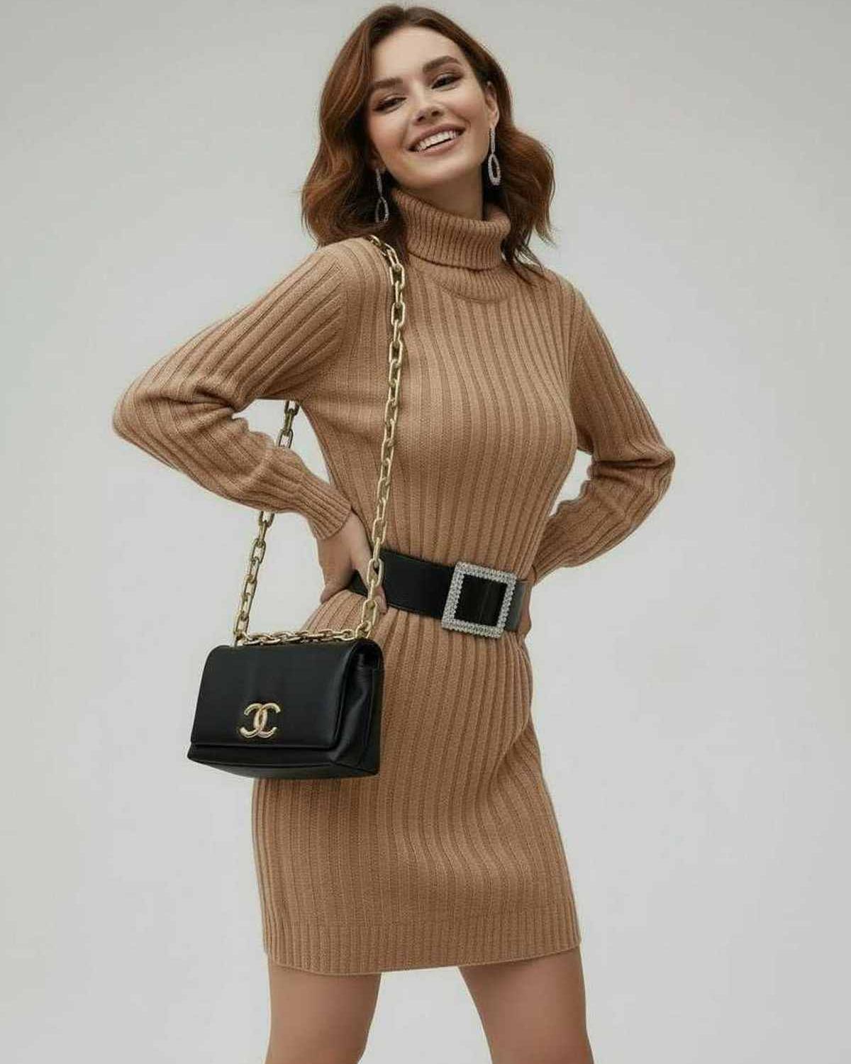 Sahara Mini Dress by Lauven, beige ribbed long sleeve turtleneck dress with a chic silhouette.
