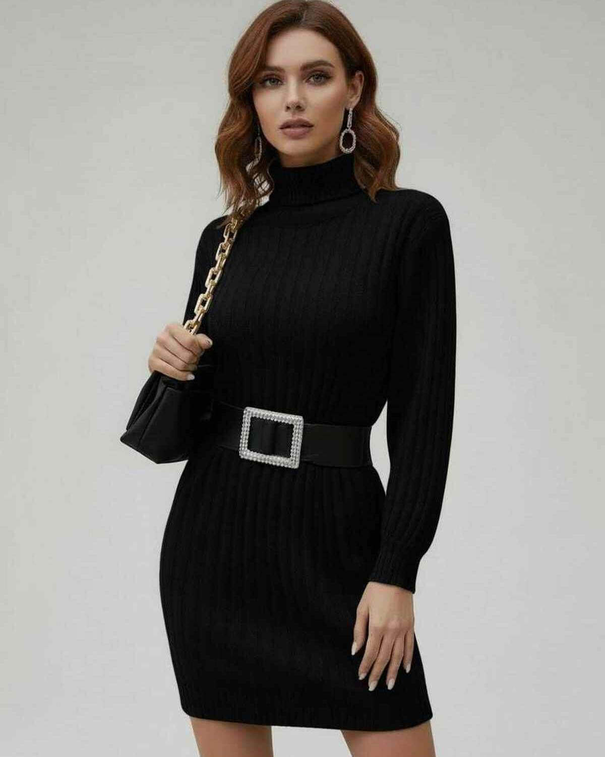 Monaco Mini Dress by Lauven - Black ribbed long sleeve turtleneck mini dress with a chic belt.