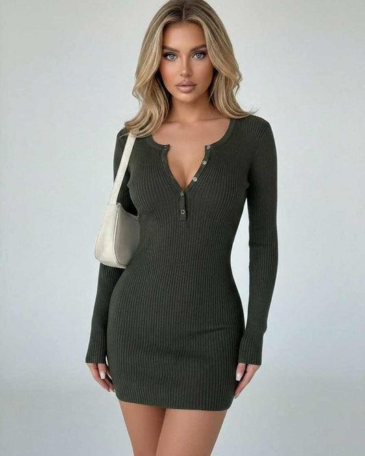 Olive Mini Dress by Lauven featuring a dark green bodycon silhouette with deep V-neck and long sleeves.