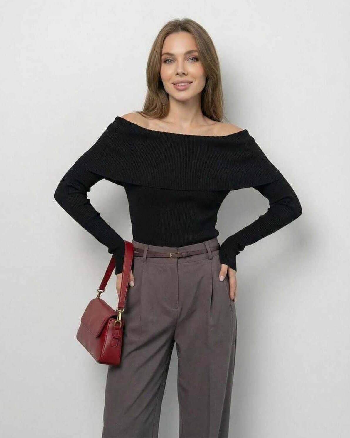 Monaco Top by Lauven – Women’s off-the-shoulder long sleeve top in solid black, showcasing modern elegance and slim fit.