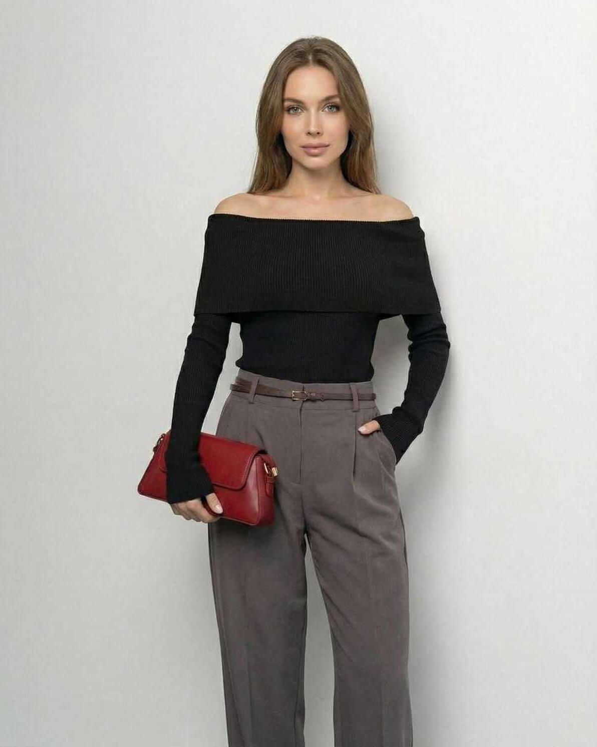 Monaco Top by Lauven – Women's Off-The-Shoulder Long Sleeve in Solid Black with Slim Fit Style.