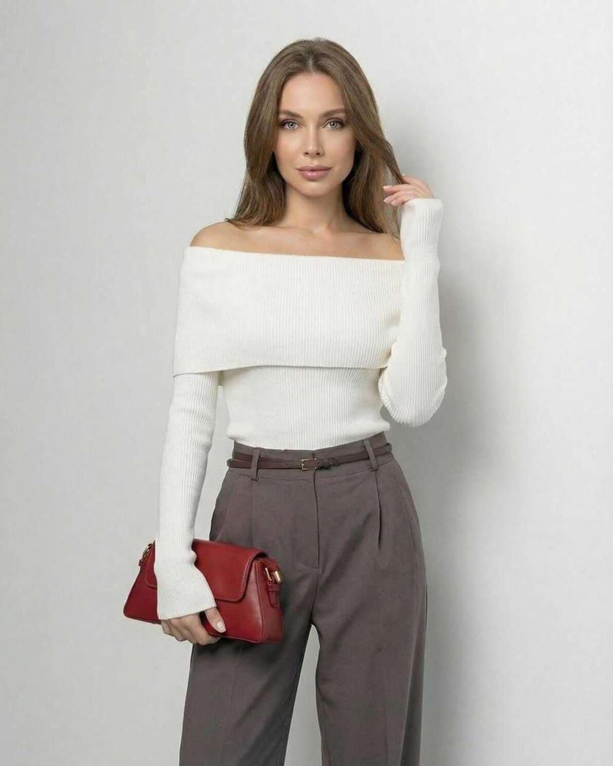 Milano Top by Lauven – Women’s Off-The-Shoulder Long Sleeve Slim Fit Top in Solid White