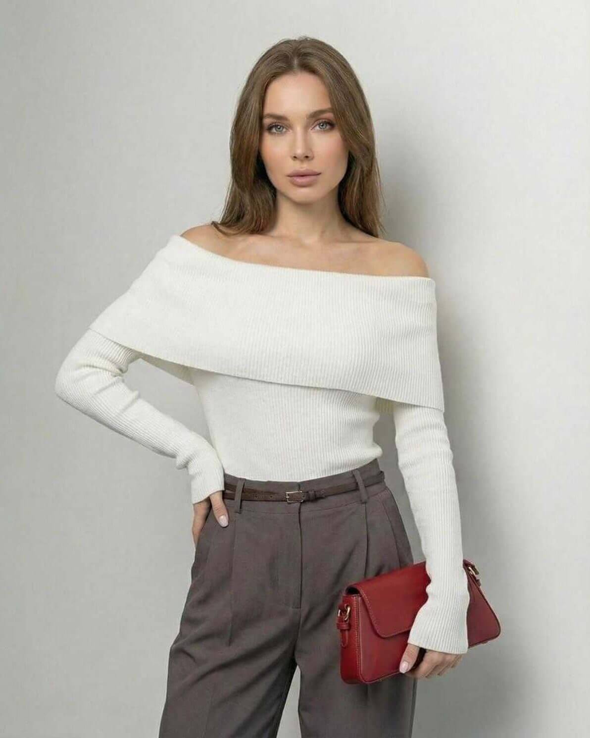 Milano Top by Lauven - Women’s Off-The-Shoulder Long Sleeve Slim Fit Top in Solid White