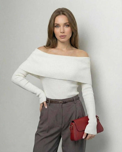 Milano Top by Lauven - Women’s Off-The-Shoulder Long Sleeve Slim Fit Top in Solid White