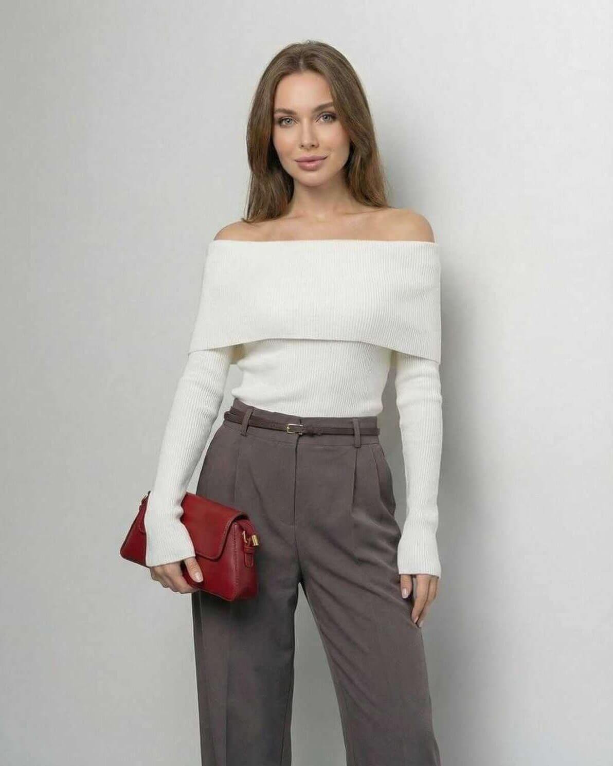 Milano Top by Lauven - Women’s Off-The-Shoulder Slim Fit Top in Solid White with Long Sleeves