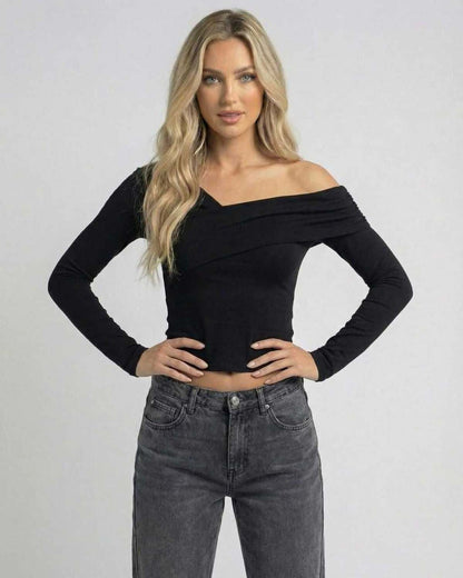 Vela Long Sleeve by Lauven, women's black off-the-shoulder long sleeve top with chic cold shoulder design.