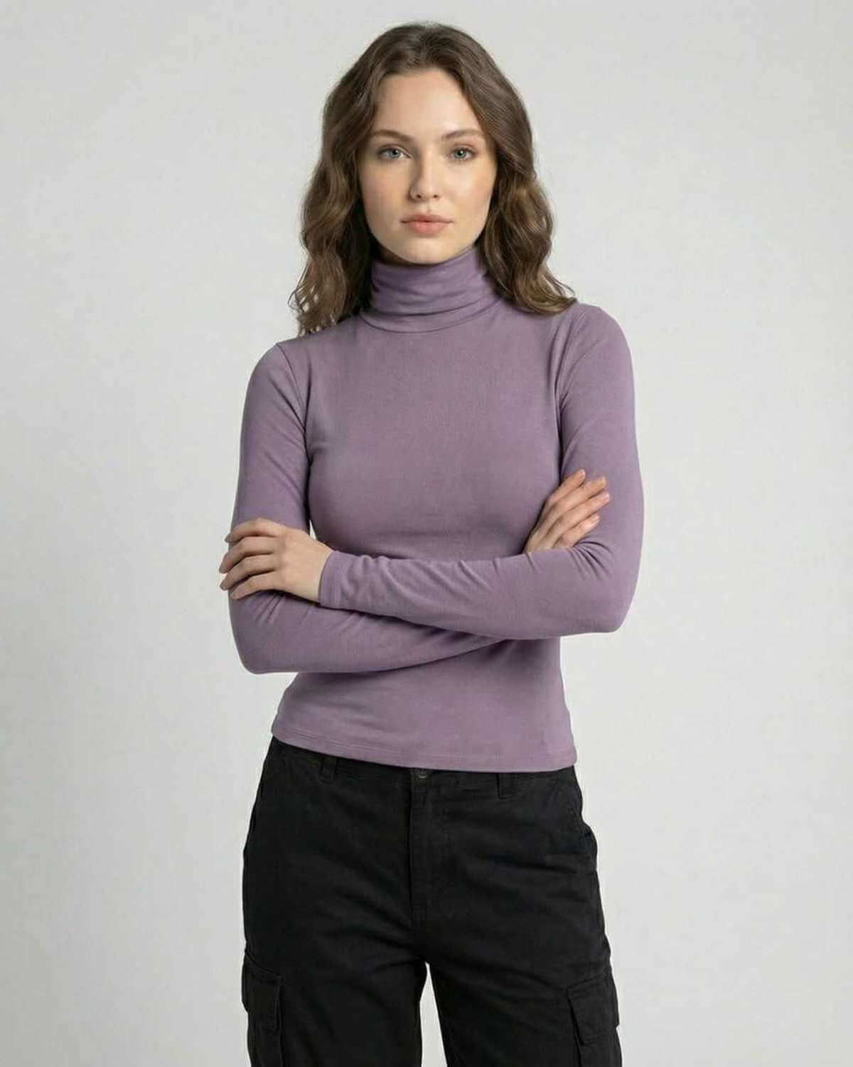 Nova Long Sleeve by Lauven - Women’s long sleeve top in lilac, high round neck, perfect for casual style.