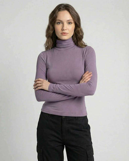 Nova Long Sleeve by Lauven - Women’s long sleeve top in lilac, high round neck, perfect for casual style.
