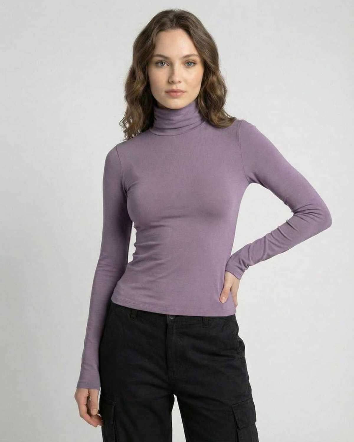 Nova Long Sleeve by Lauven, women's lilac long sleeve high round neck top, slim fit design for a polished look.