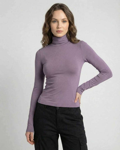Nova Long Sleeve by Lauven, women's lilac long sleeve high round neck top, slim fit design for a polished look.