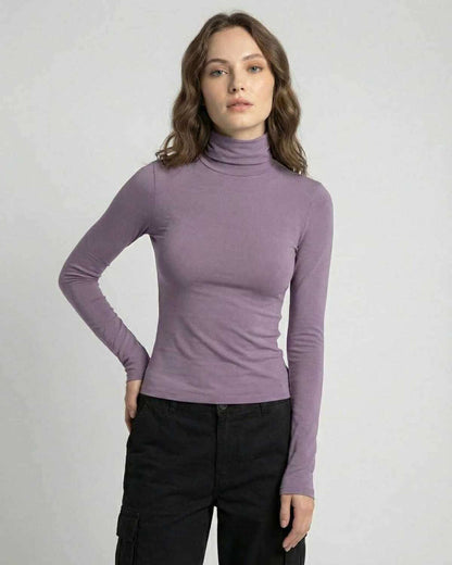 Nova Long Sleeve by Lauven – Women's lilac long sleeve top with high round neck and slim fit design.