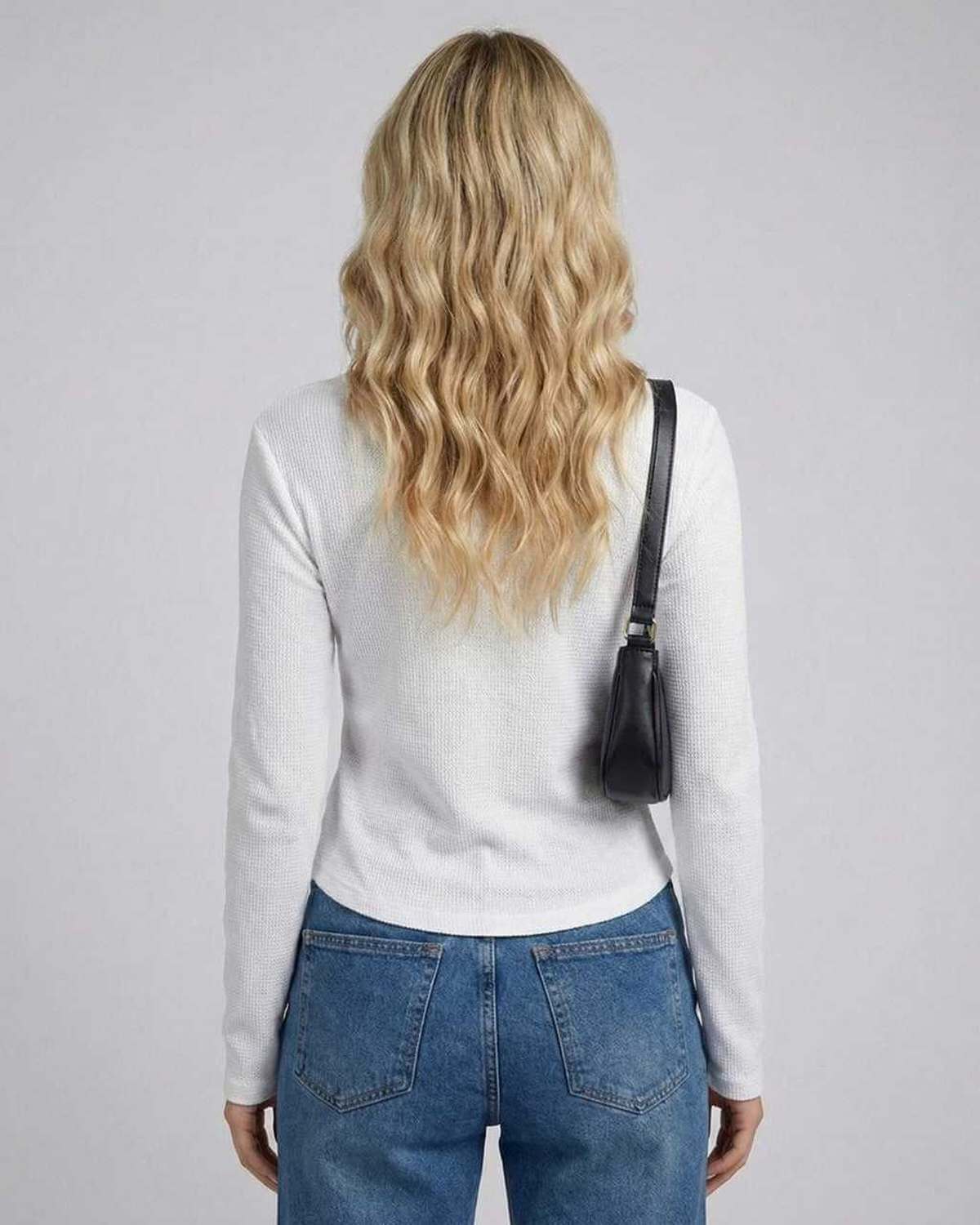 Nara Long Sleeve - Women's long sleeve round neck top by Lauven, featuring a sleek fit and classic style, seen from the back.