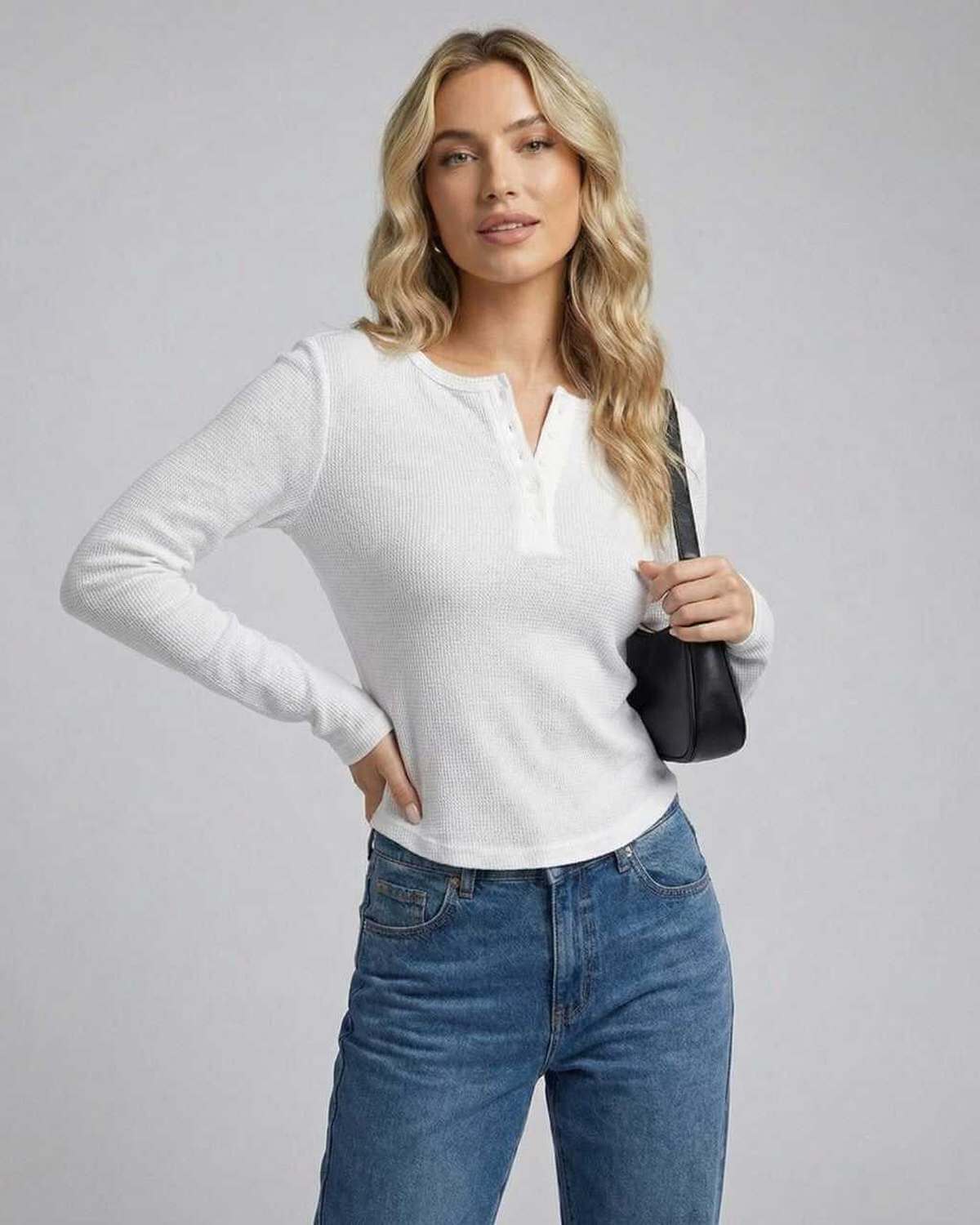 Nara Long Sleeve - Women’s Long Sleeve Round Neck Top by Lauven, featuring a slim fit design and classic white color.