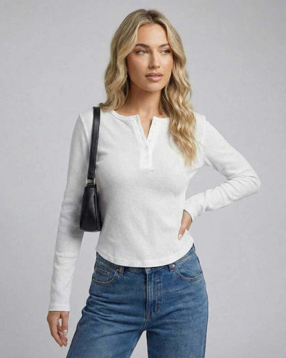 Nara Long Sleeve from Lauven - women's long sleeve round neck top in white with a sleek slim fit design.