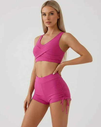 Malibu Set by Lauven - Chic pink women’s two piece set with sleeveless crop top and high waist shorts.