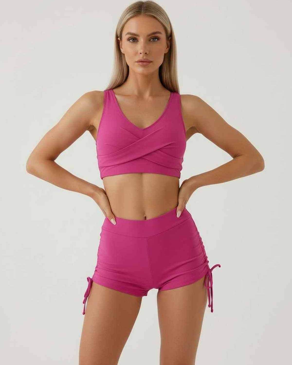 Malibu Set by Lauven – Chic pink women's two-piece set with sleeveless crop top and high waist shorts.