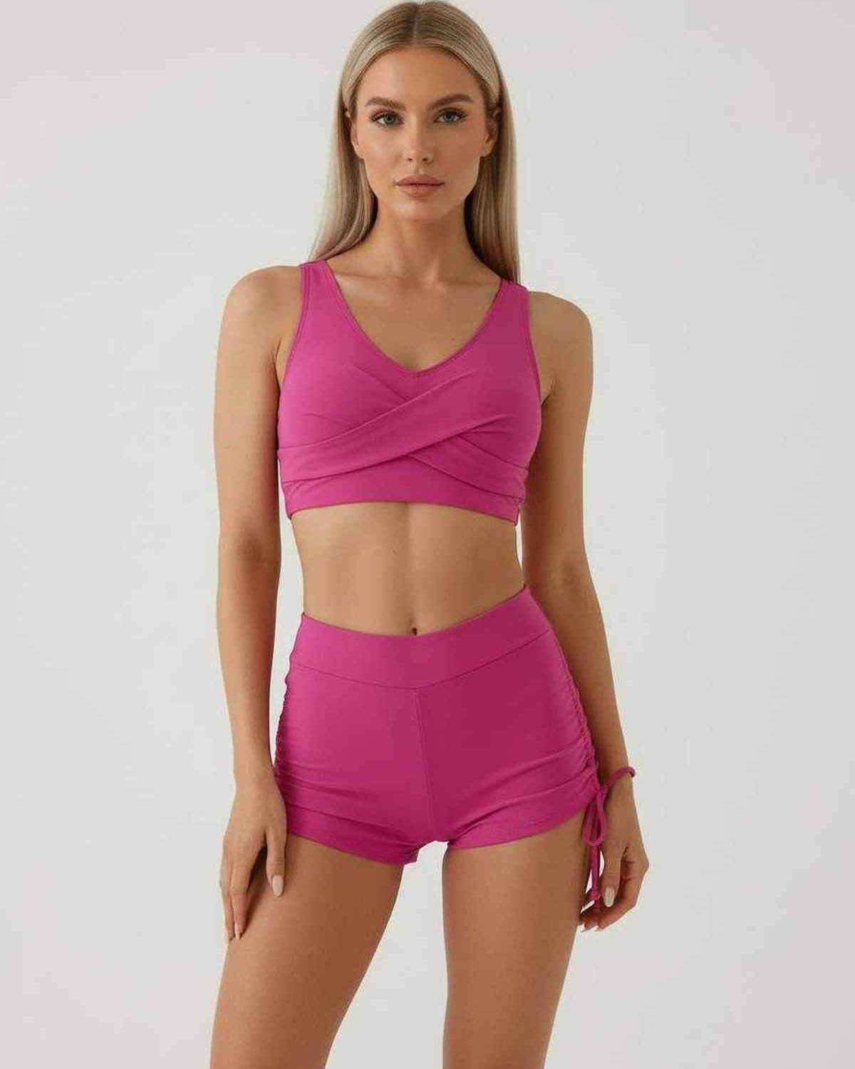 Malibu Set - Chic Pink Women’s Two Piece Set by Lauven featuring a sleeveless crop top and high waist shorts.