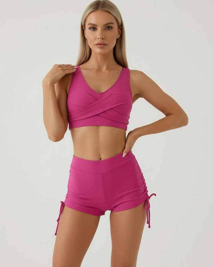 Malibu Set by Lauven: Chic pink women's two piece set with sleeveless crop top and high waist shorts.