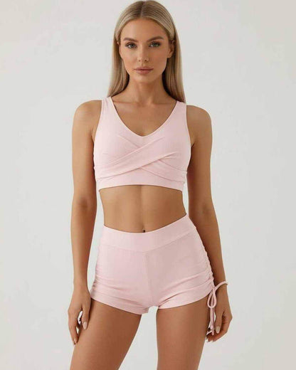 Roselle Set by Lauven – Elegant blush women’s two-piece with sleeveless crop top and high waist shorts.