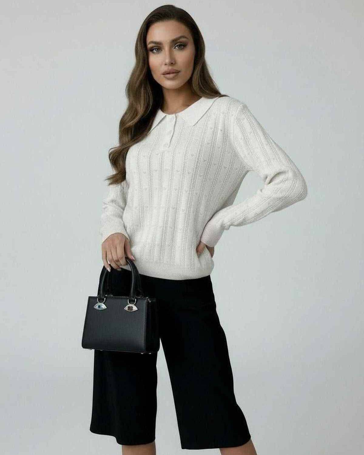 Luna Sweater by Lauven - Women's ivory knit sweater with elegant collared long sleeves, perfect for stylish layering.