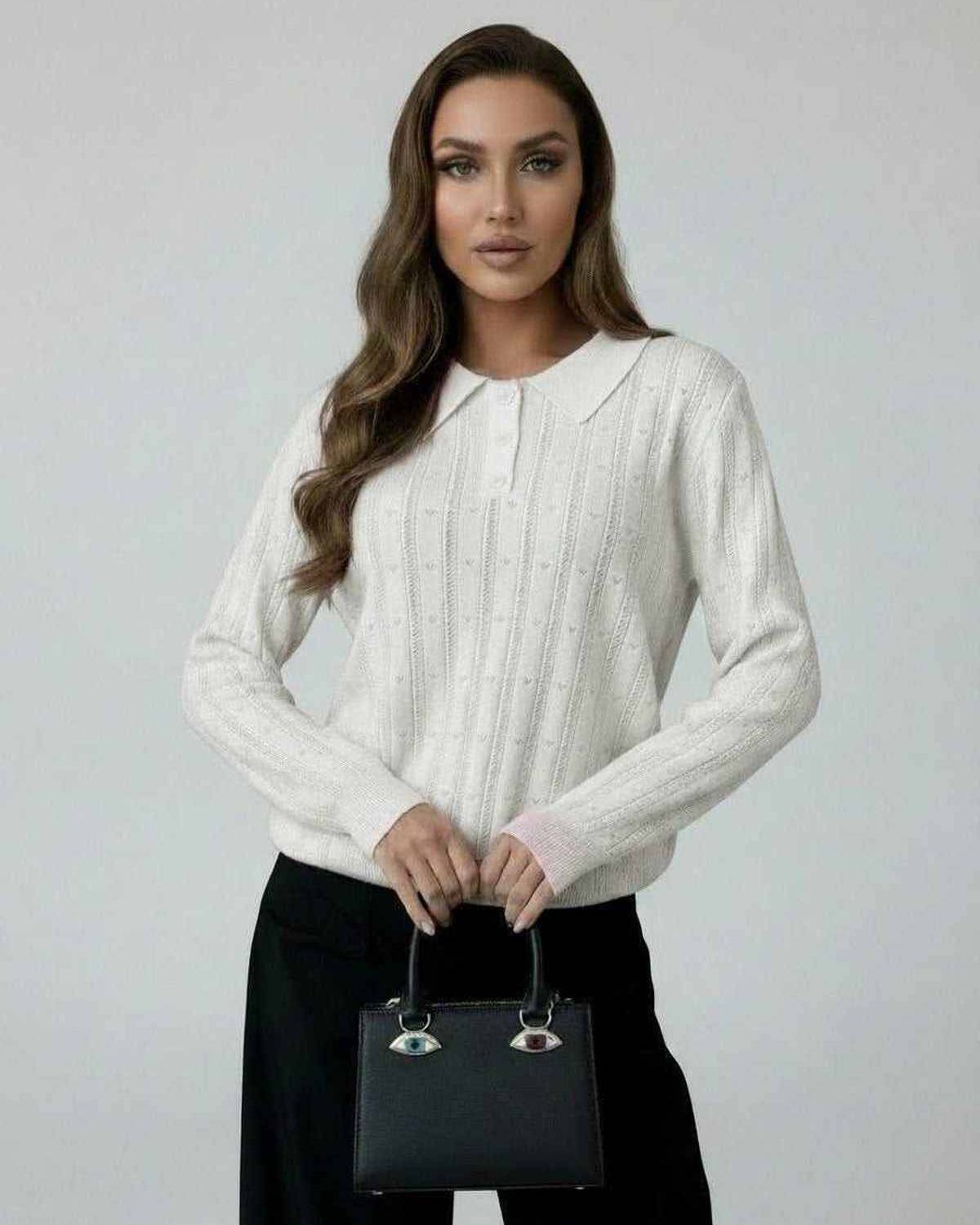 Luna Sweater by Lauven - Women's ivory knit sweater with elegant collared long sleeves.