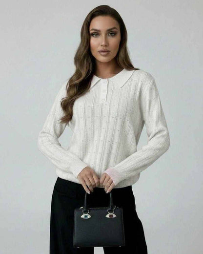 Luna Sweater by Lauven - Women's ivory knit sweater with elegant collared long sleeves.