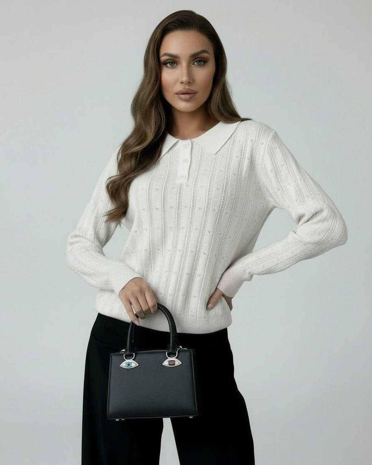 Luna Sweater by Lauven - Women’s Ivory Knit Sweater with Elegant Collared Long Sleeves