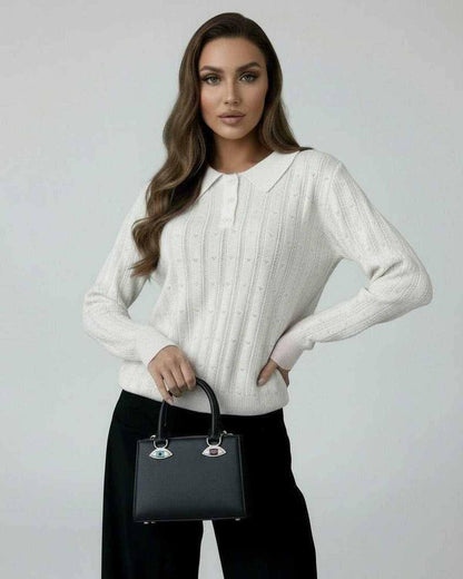 Luna Sweater by Lauven - Women’s Ivory Knit Sweater with Elegant Collared Long Sleeves