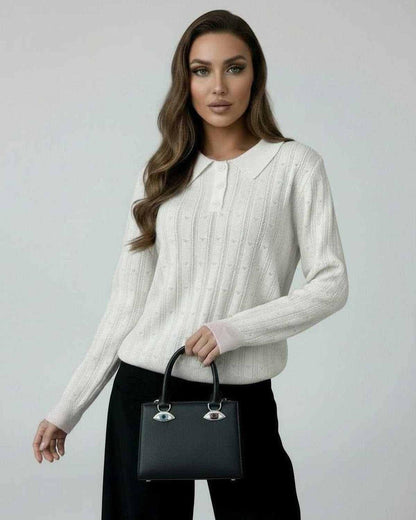 Luna Sweater by Lauven - Women's ivory knit sweater with elegant collared long sleeves, perfect for modern styling.