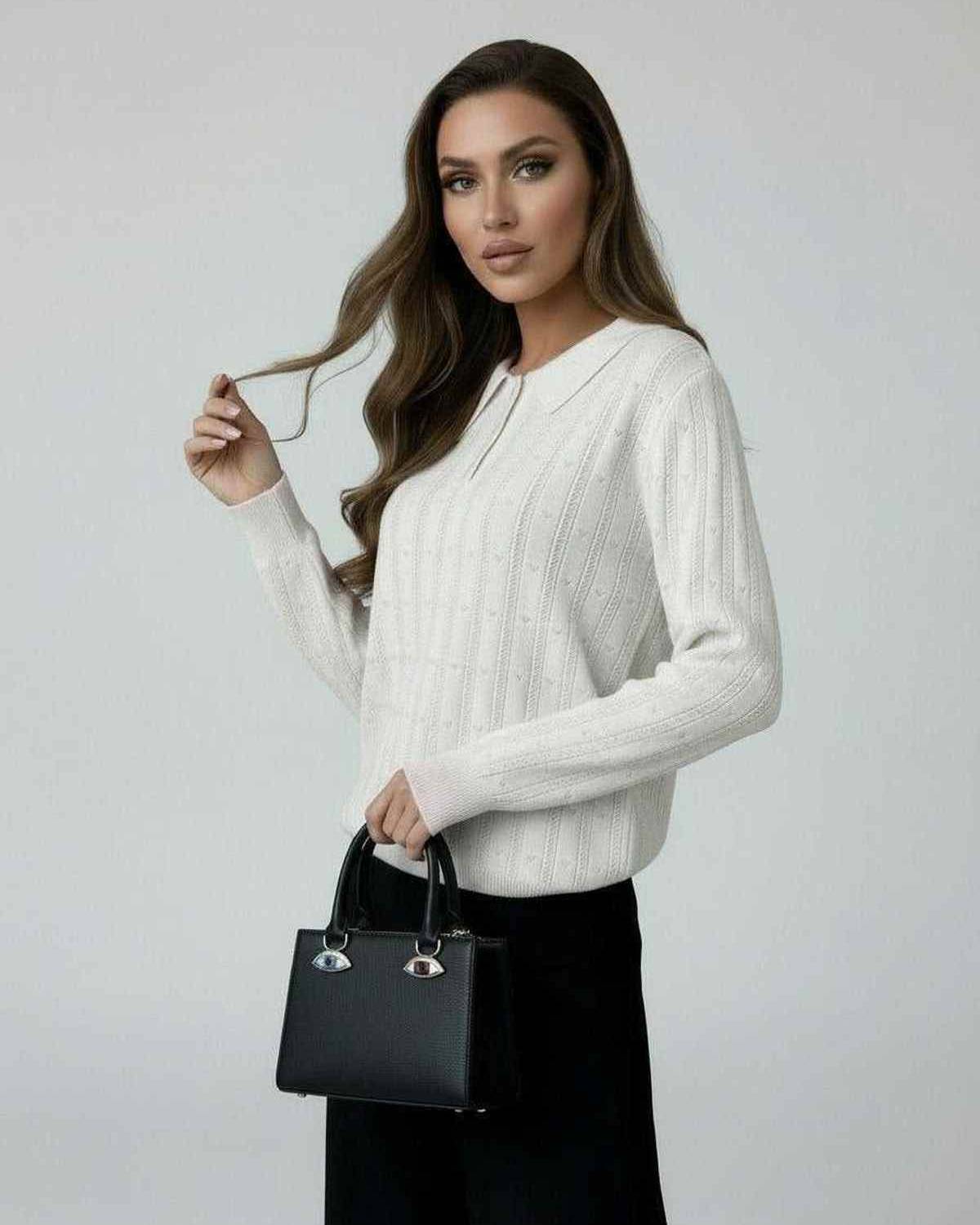 Luna Sweater by Lauven - Women’s ivory knit sweater with elegant collared long sleeves, styled with a handbag.