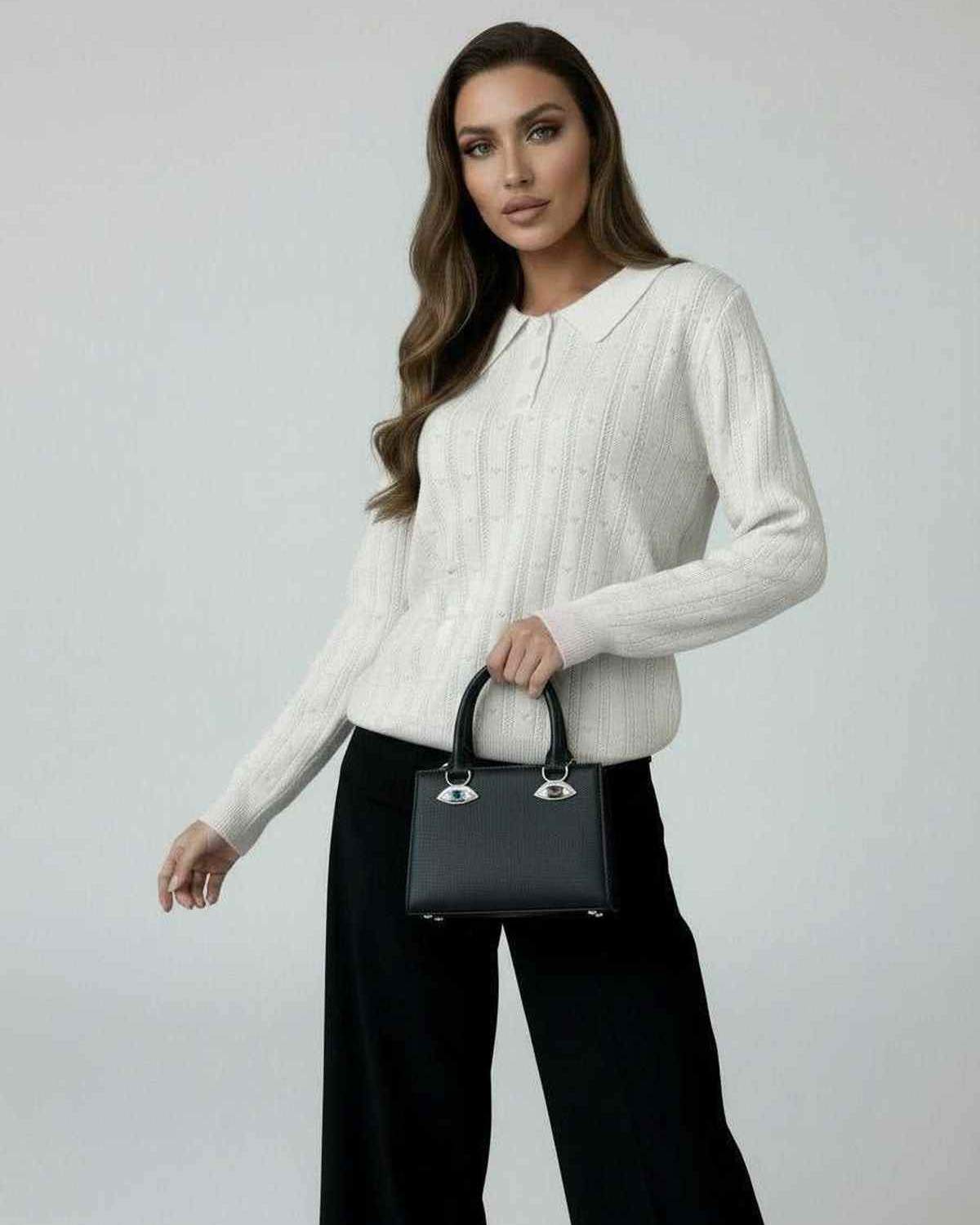 Luna Sweater by Lauven - Women's ivory knit sweater with elegant collared long sleeve design, perfect for versatile styling.