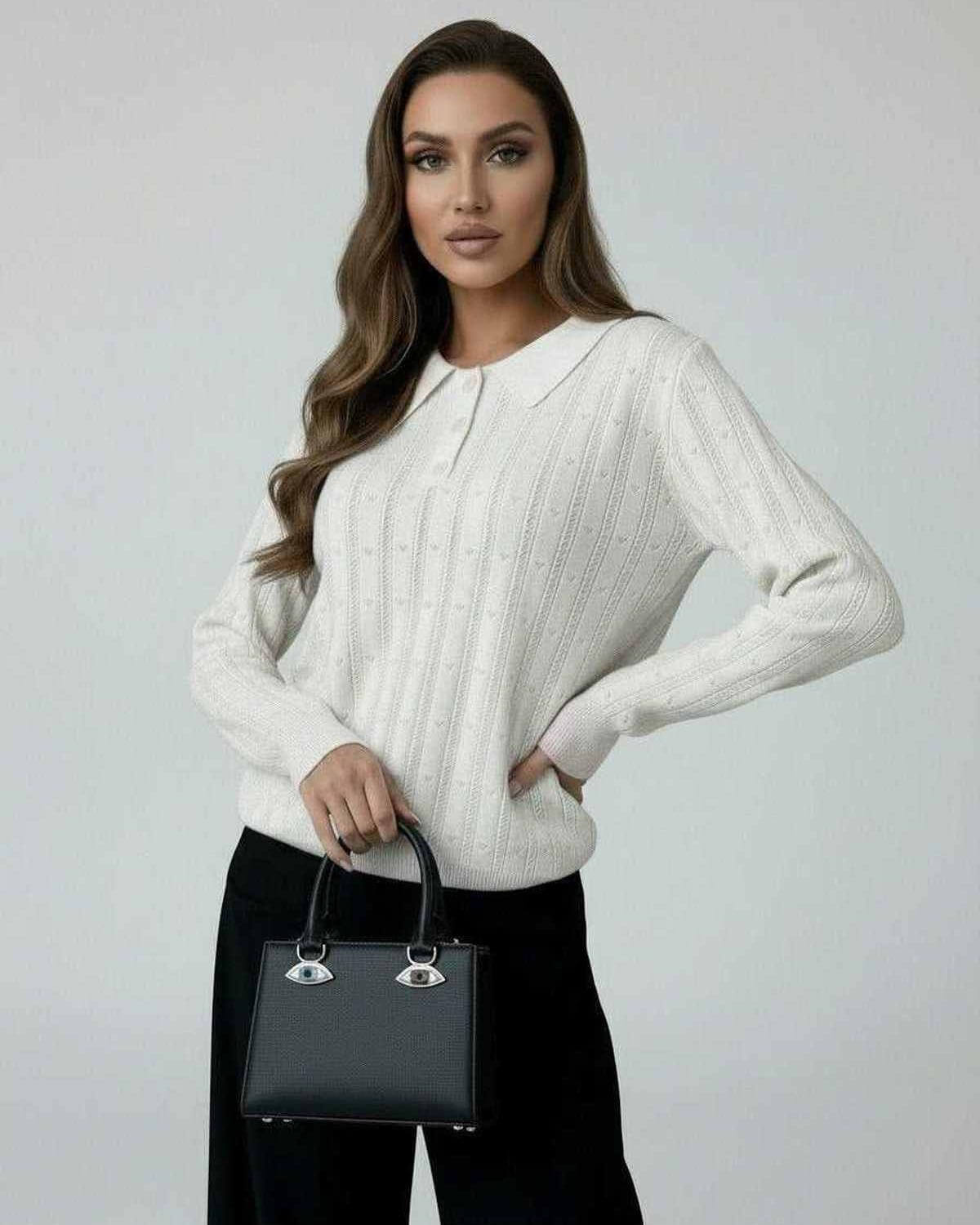 Luna Sweater by Lauven, Women’s Ivory Knit Sweater with Elegant Collared Long Sleeves.