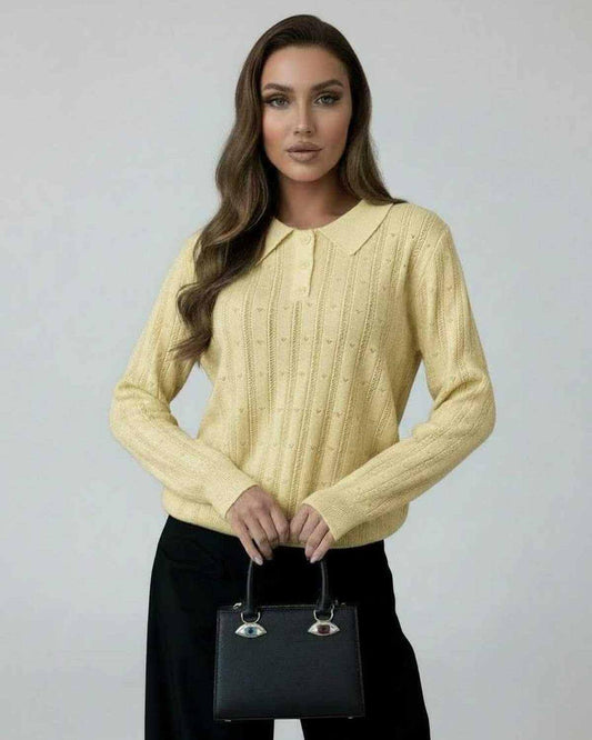 Soleil Sweater by Lauven - Women’s yellow knit sweater with elegant collared long sleeves and refined texture.