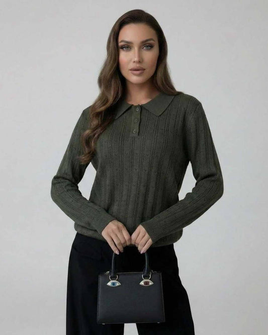 Orion Sweater by Lauven - Women's olive green knit sweater with elegant collared long sleeves.