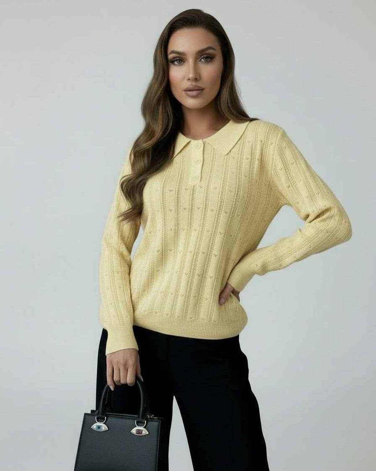 Soleil Sweater by Lauven – Women's yellow knit sweater with elegant collared long sleeve design.