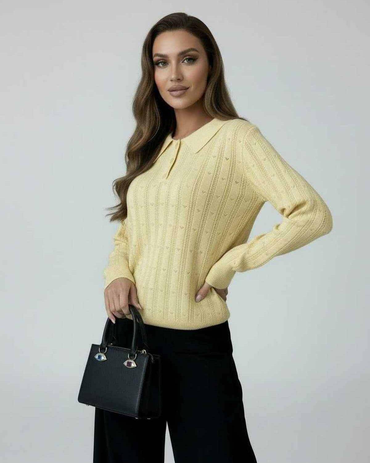 Soleil Sweater by Lauven - Women’s yellow knit sweater with elegant collared long sleeves.