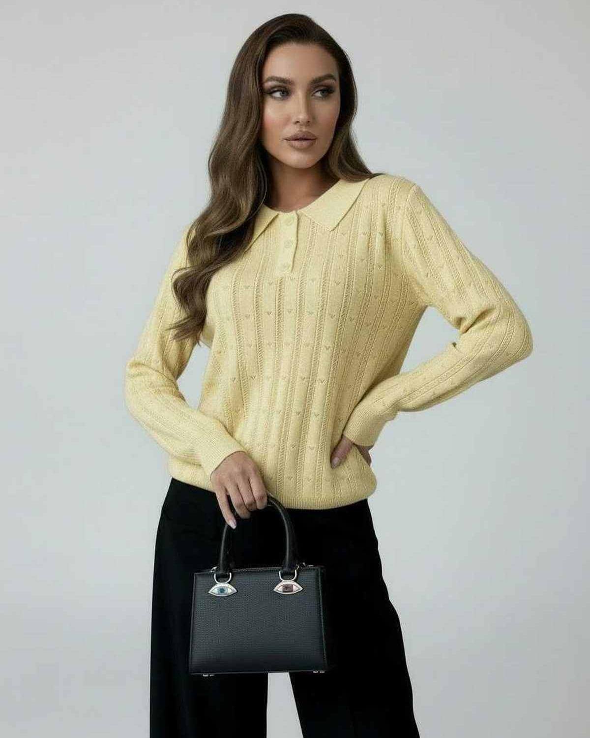 Soleil Sweater by Lauven — Women's elegant yellow knit sweater with collared long sleeves and refined texture.